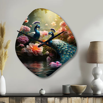 Teal Coral Indian Art Dancing Peacocks - Asymmetric Metal Wall Clock